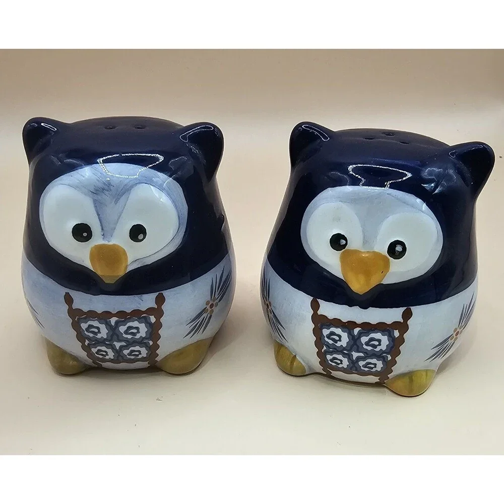 Temptations Old World Dark Blue Ceramic Owl Salt & Pepper Shaker Set